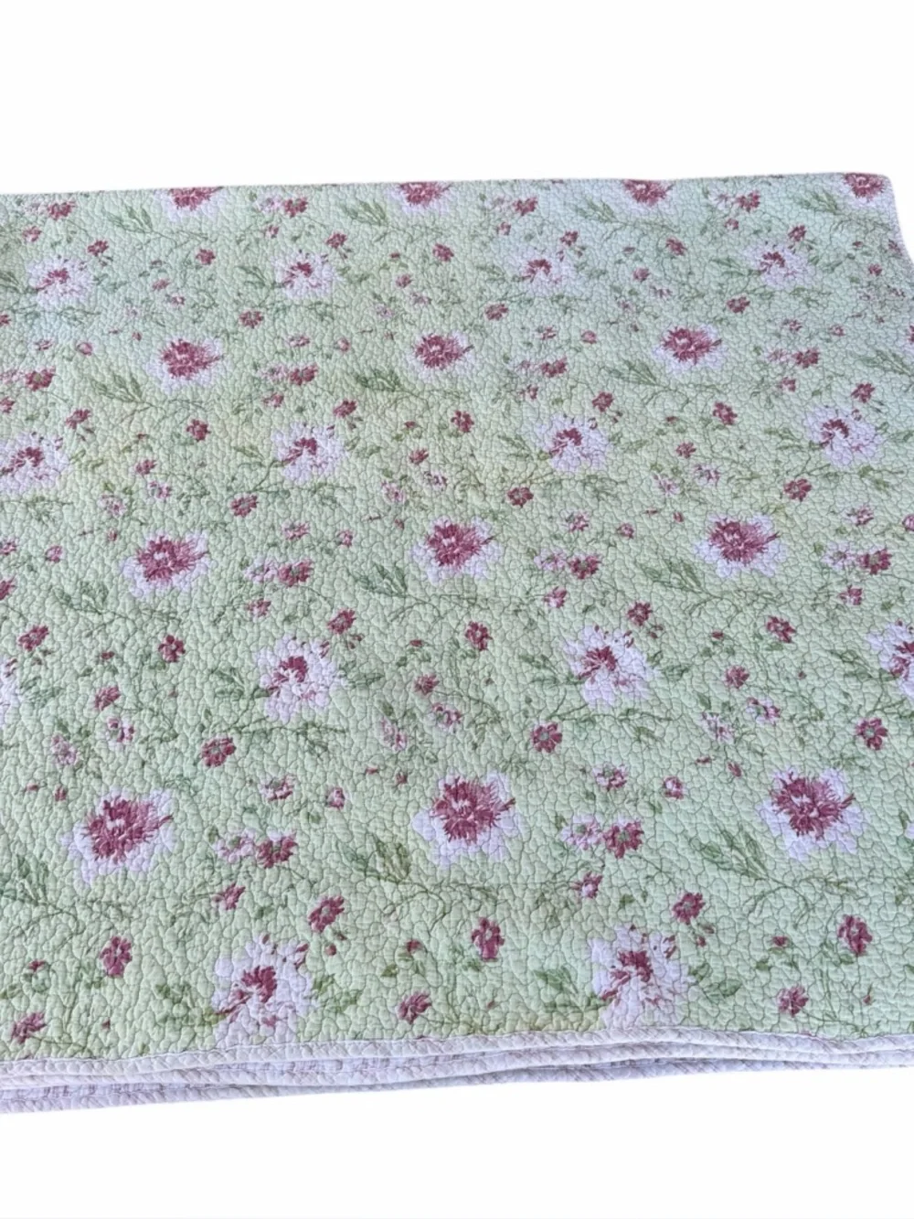 VTG Laura Ashley Reversible Floral Quilt Green Pink Roses Stripes 84x86 FLAWS
